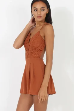 Rebellious Fashion Rust Crochet Cross Back Playsuit - Quinn