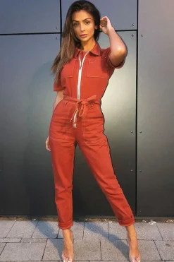 Rebellious Fashion Rust Denim Utility Boilersuit - Chayse