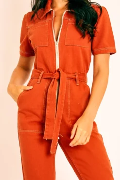 Rebellious Fashion Rust Denim Utility Boilersuit - Chayse