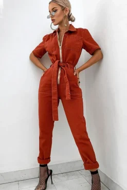 Rebellious Fashion Rust Denim Utility Boilersuit - Chayse