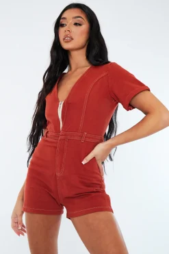 Rebellious Fashion Rust Denim Utility Zip Up Playsuit - Addo