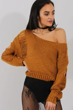 Rebellious Fashion Rust Distressed Detail Knitted Jumper - Lollie