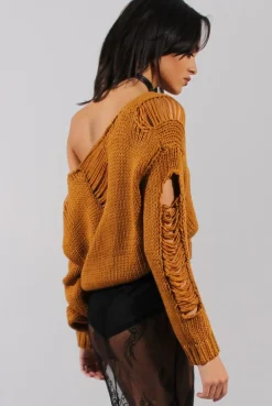 Rebellious Fashion Rust Distressed Detail Knitted Jumper - Lollie