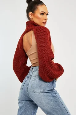 Rebellious Fashion Rust Extreme Cut Out High Neck Jumper - Nihara