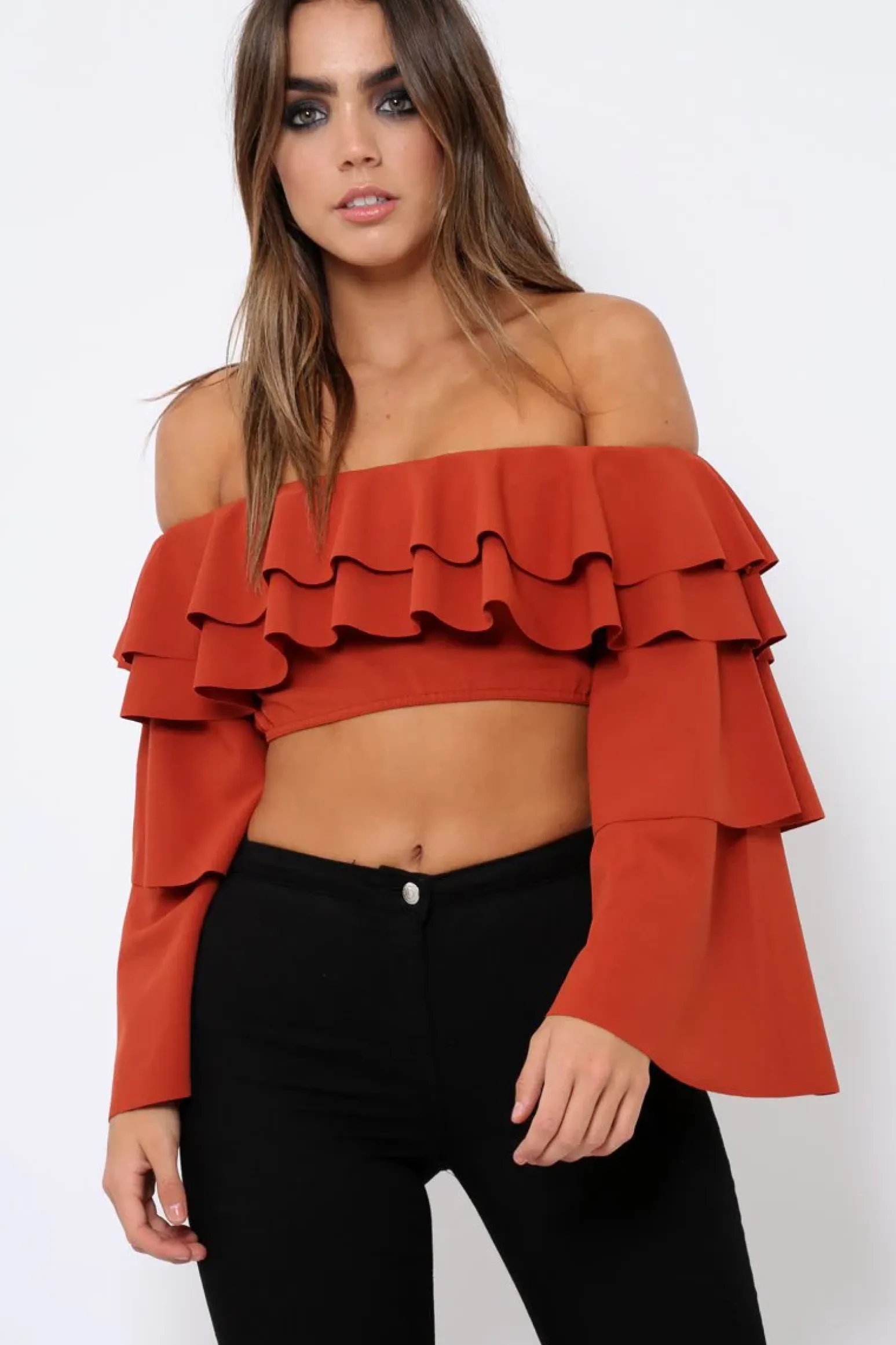 Rebellious Fashion Rust extreme Layered Frill Bardot Crop Top - Nevaeh