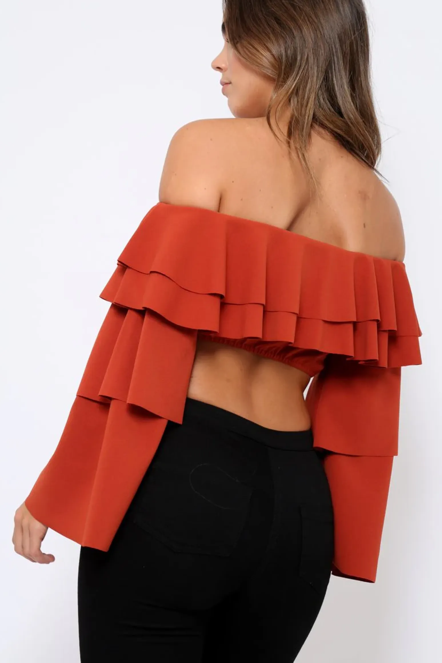 Rebellious Fashion Rust extreme Layered Frill Bardot Crop Top - Nevaeh