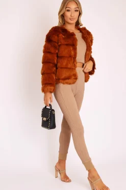 Rebellious Fashion Rust Faux Fur Jacket - Estelle