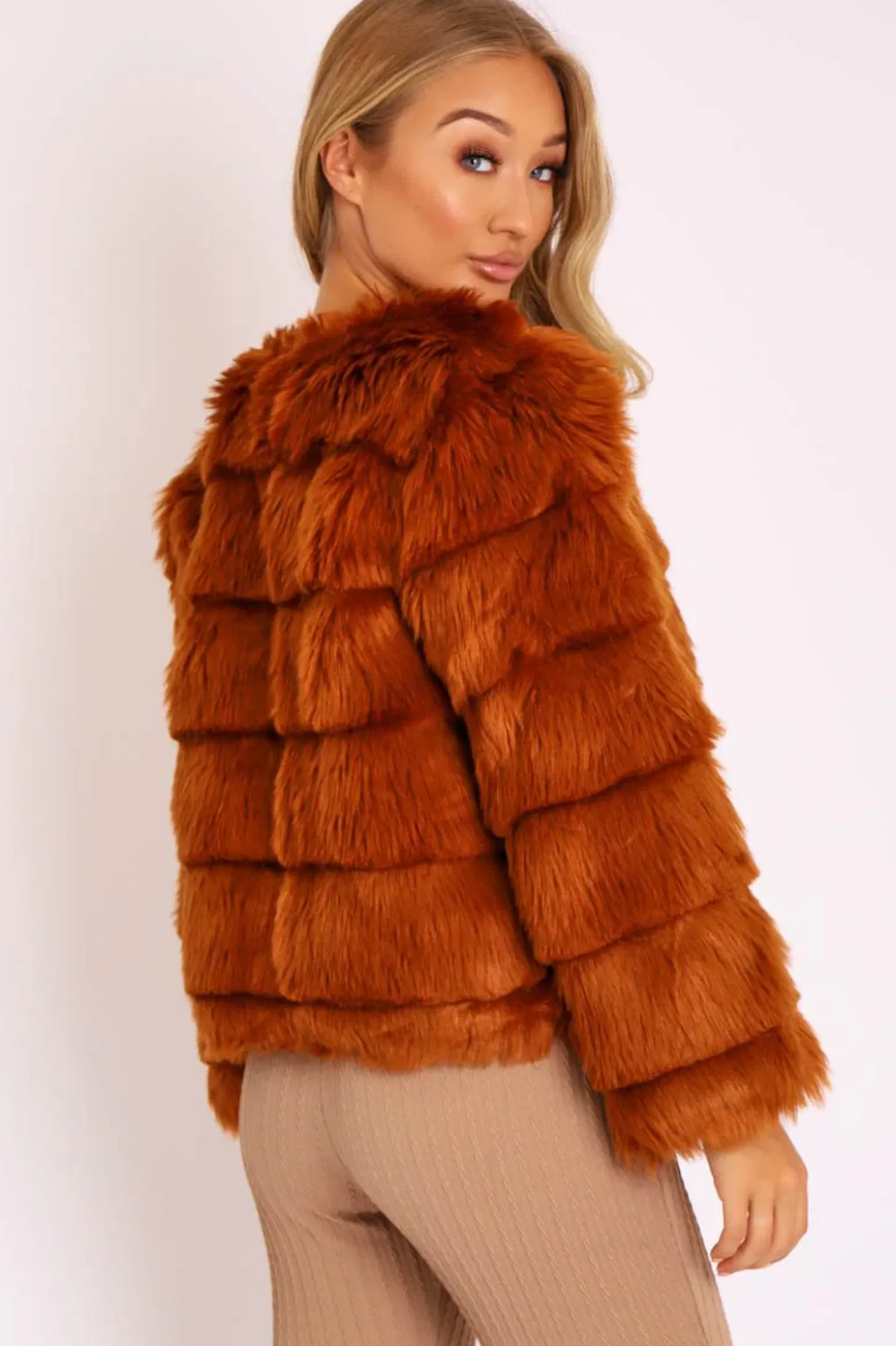 Rebellious Fashion Rust Faux Fur Jacket - Estelle