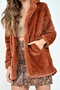Rebellious Fashion Rust Faux Fur Popper Button Coat - Clarisa