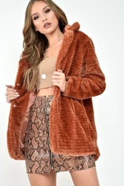 Rebellious Fashion Rust Faux Fur Popper Button Coat - Clarisa