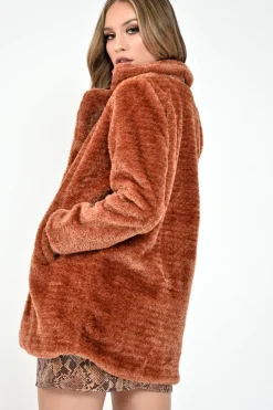 Rebellious Fashion Rust Faux Fur Popper Button Coat - Clarisa