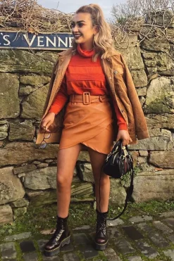 Rebellious Fashion Rust Faux Leather Belted Wrap Mini Skirt - Skye