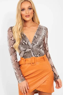 Rebellious Fashion Rust Faux Leather Belted Wrap Mini Skirt - Skye