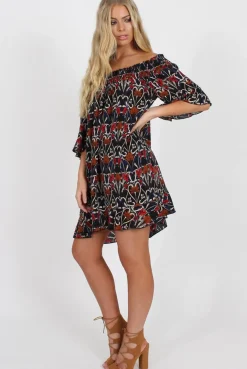 Rebellious Fashion Rust Floral Bardot Ruffly Trim Detail Dress- Stefi