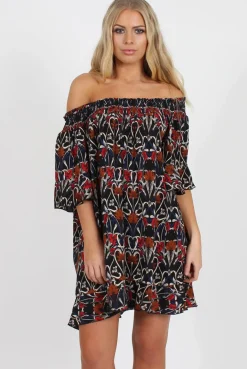 Rebellious Fashion Rust Floral Bardot Ruffly Trim Detail Dress- Stefi