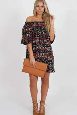 Rebellious Fashion Rust Floral Bardot Ruffly Trim Detail Dress- Stefi