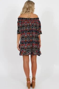 Rebellious Fashion Rust Floral Bardot Ruffly Trim Detail Dress- Stefi