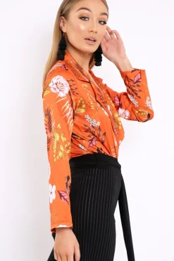 Rebellious Fashion Rust Floral Plunge Satin Bodysuit - Rebeka