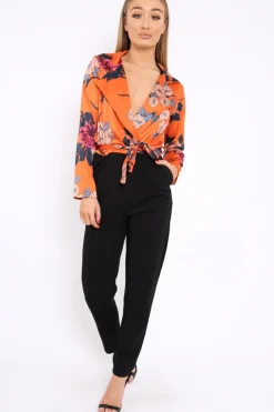 Rebellious Fashion Rust Floral Plunge Satin Wrap Front Jumpsuit - Talulah