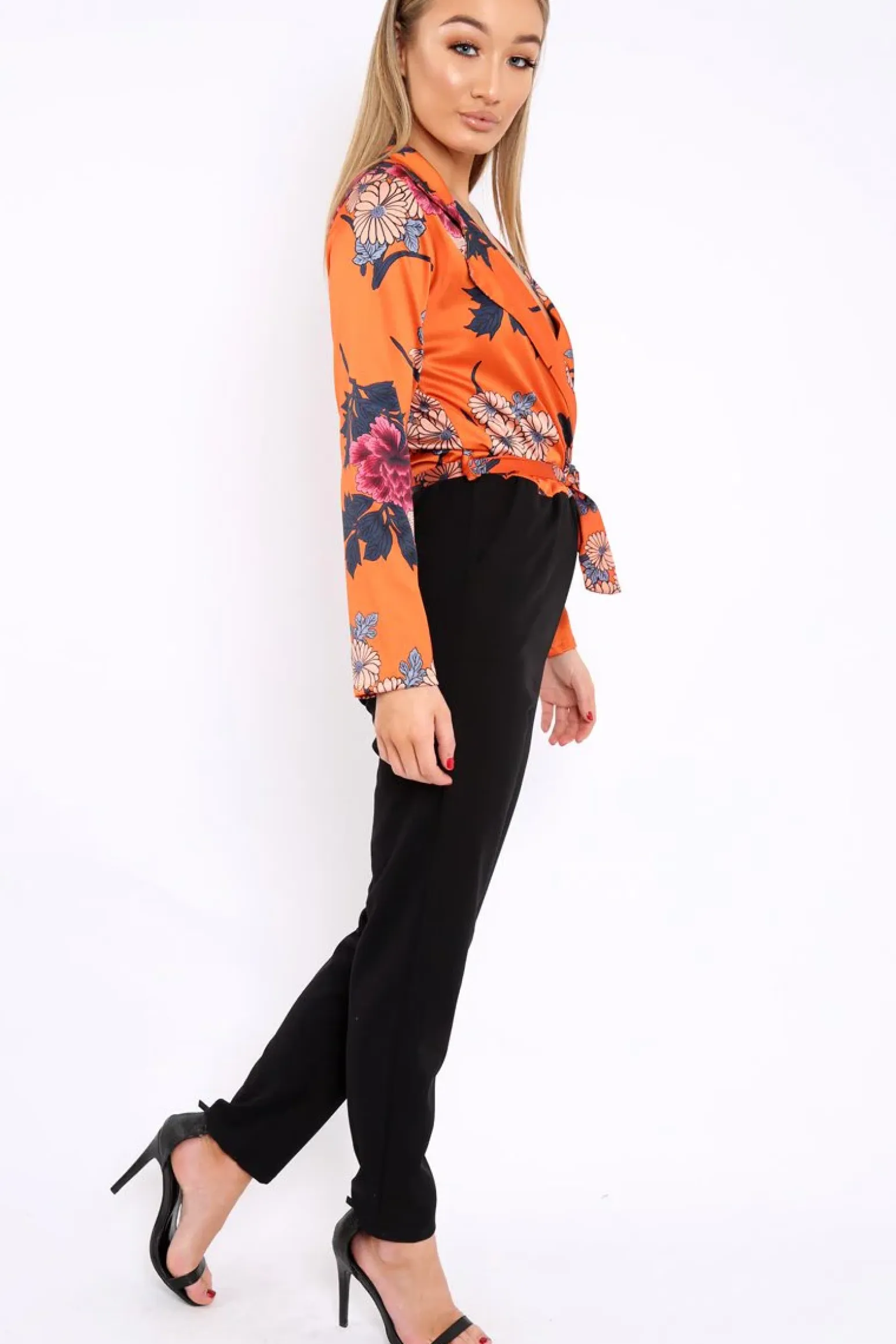 Rebellious Fashion Rust Floral Plunge Satin Wrap Front Jumpsuit - Talulah
