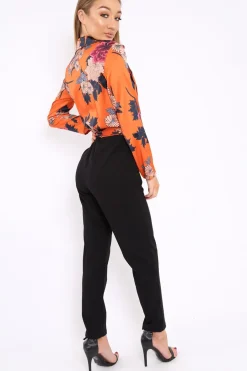 Rebellious Fashion Rust Floral Plunge Satin Wrap Front Jumpsuit - Talulah