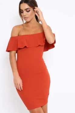 Rebellious Fashion Rust Frill Bardot Midi Dress - Bridget