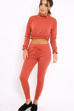 Rebellious Fashion Rust Frill Hem Tracksuit - Adah