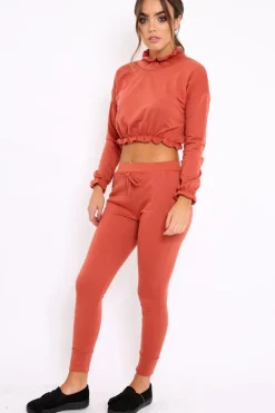 Rebellious Fashion Rust Frill Hem Tracksuit - Adah