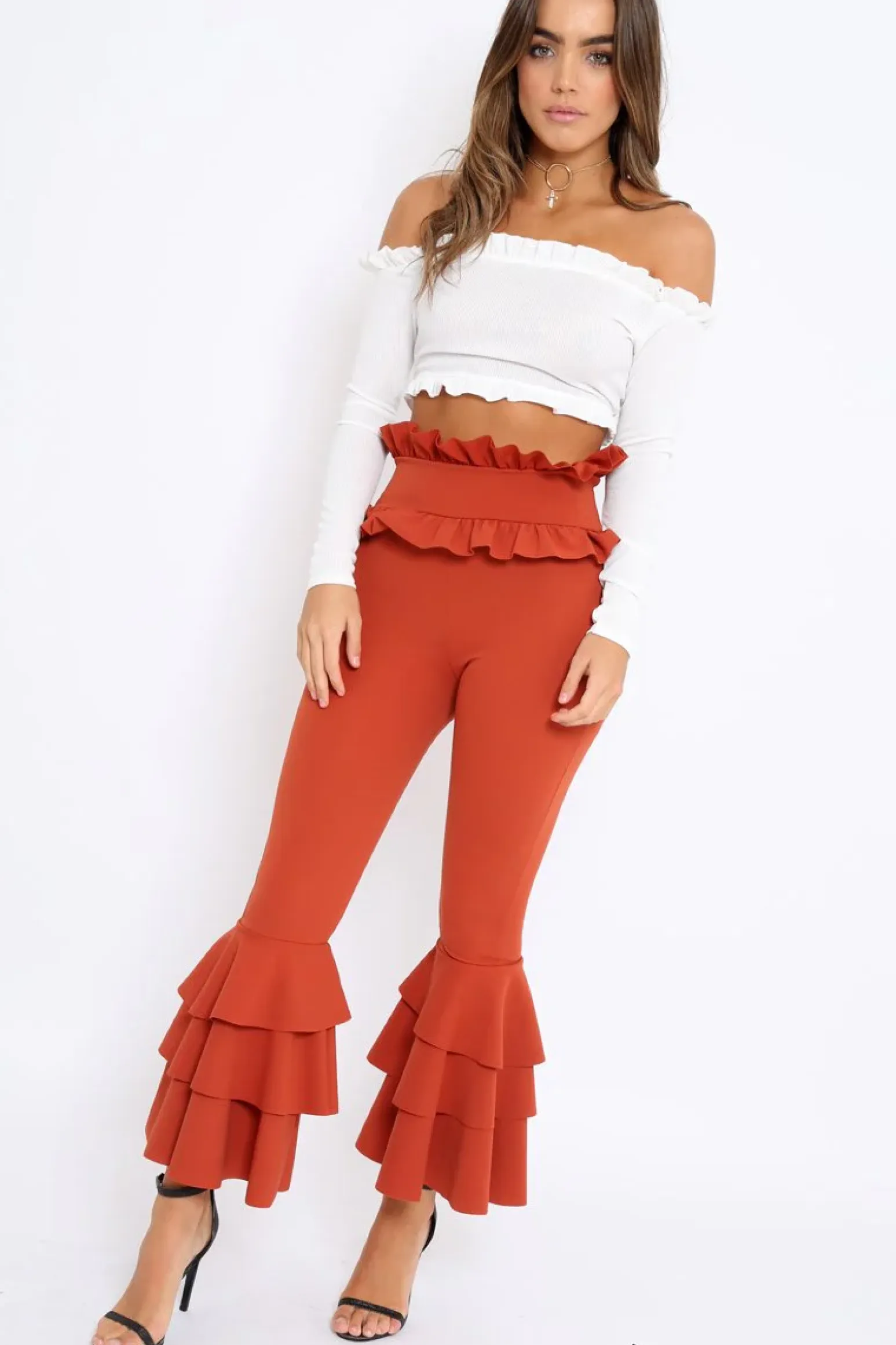 Rebellious Fashion Rust Frill Hem Triple Tiered Frill Hem Trousers - Karla