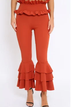 Rebellious Fashion Rust Frill Hem Triple Tiered Frill Hem Trousers - Karla