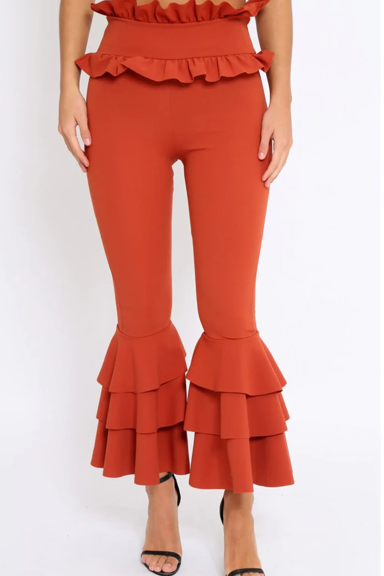 Rebellious Fashion Rust Frill Hem Triple Tiered Frill Hem Trousers - Karla