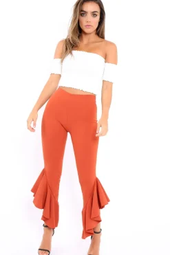 Rebellious Fashion Rust Frill Hem Trousers - Ashlie
