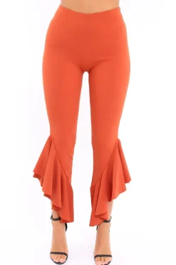 Rebellious Fashion Rust Frill Hem Trousers - Ashlie