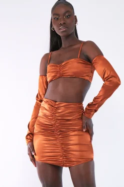 Rebellious Fashion Rust Gathered Front Satin Mini Skirt - Cora
