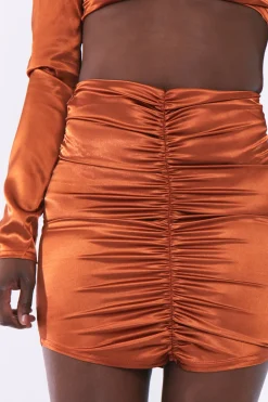 Rebellious Fashion Rust Gathered Front Satin Mini Skirt - Cora