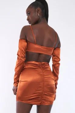 Rebellious Fashion Rust Gathered Front Satin Mini Skirt - Cora