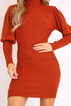 Rebellious Fashion Rust High Neck Balloon Sleeve Knitted Dress - Ginna