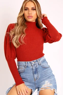 Rebellious Fashion Rust High Neck Balloon Sleeve Jumper - Harriet