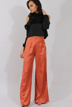 Rebellious Fashion Rust High Waisted Satin Trousers - Alexia