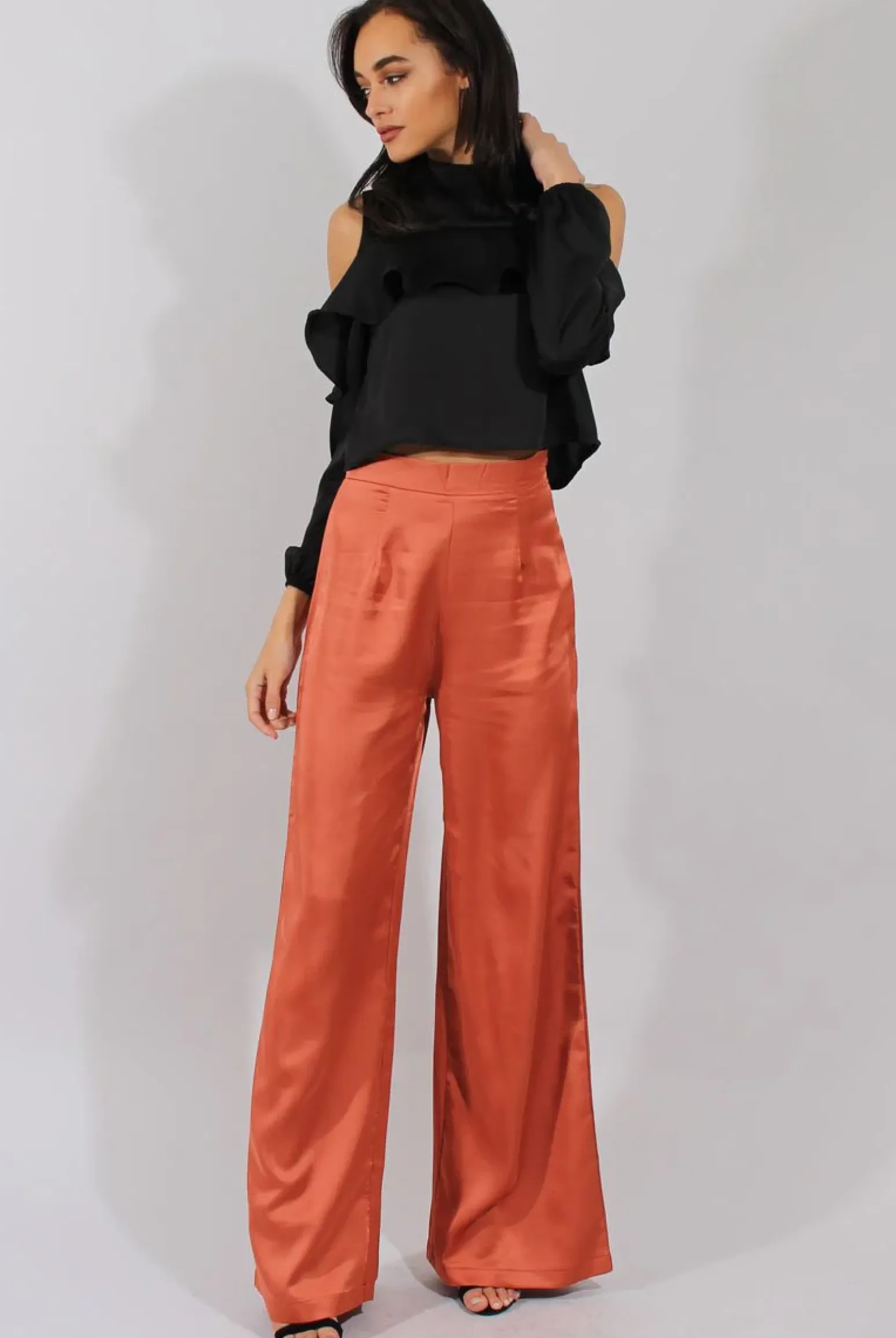 Rebellious Fashion Rust High Waisted Satin Trousers - Alexia