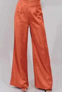 Rebellious Fashion Rust High Waisted Satin Trousers - Alexia