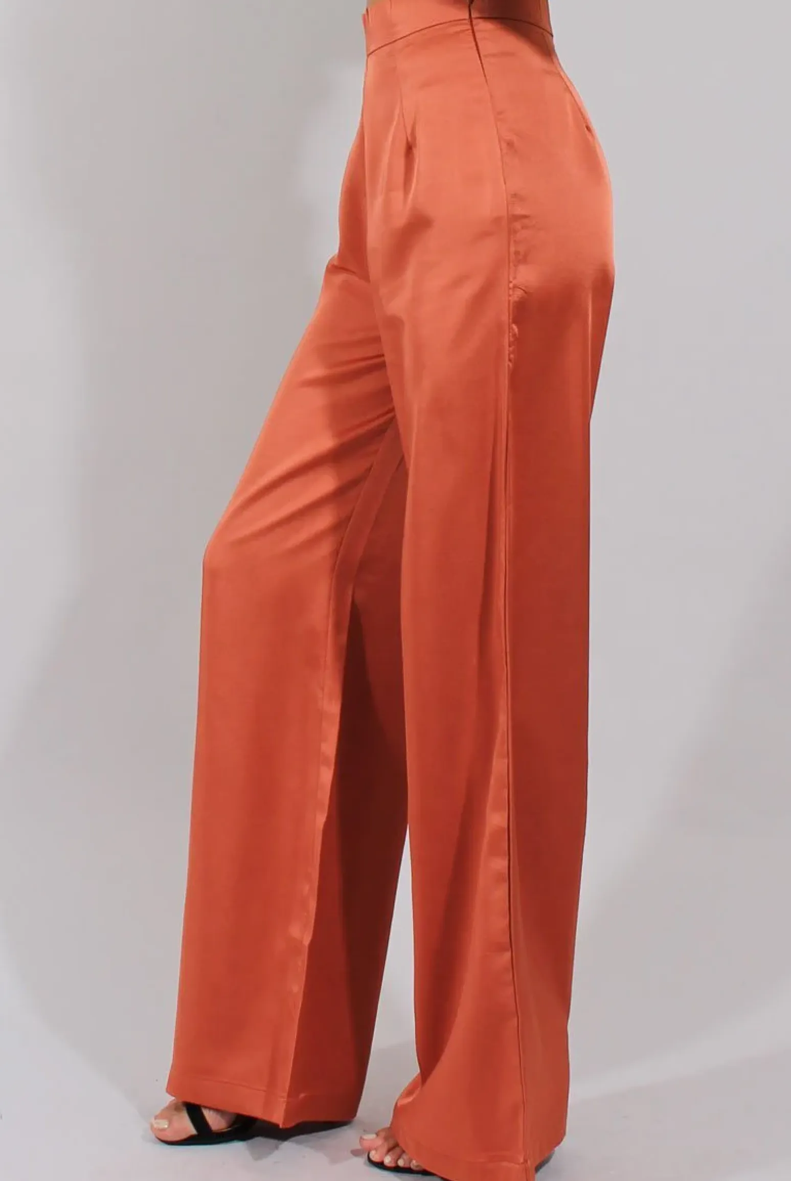 Rebellious Fashion Rust High Waisted Satin Trousers - Alexia