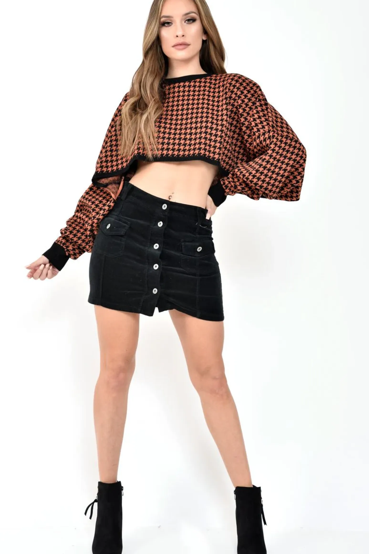 Rebellious Fashion Rust Hounds Tooth Cropped Batwing Jumper - Lizy