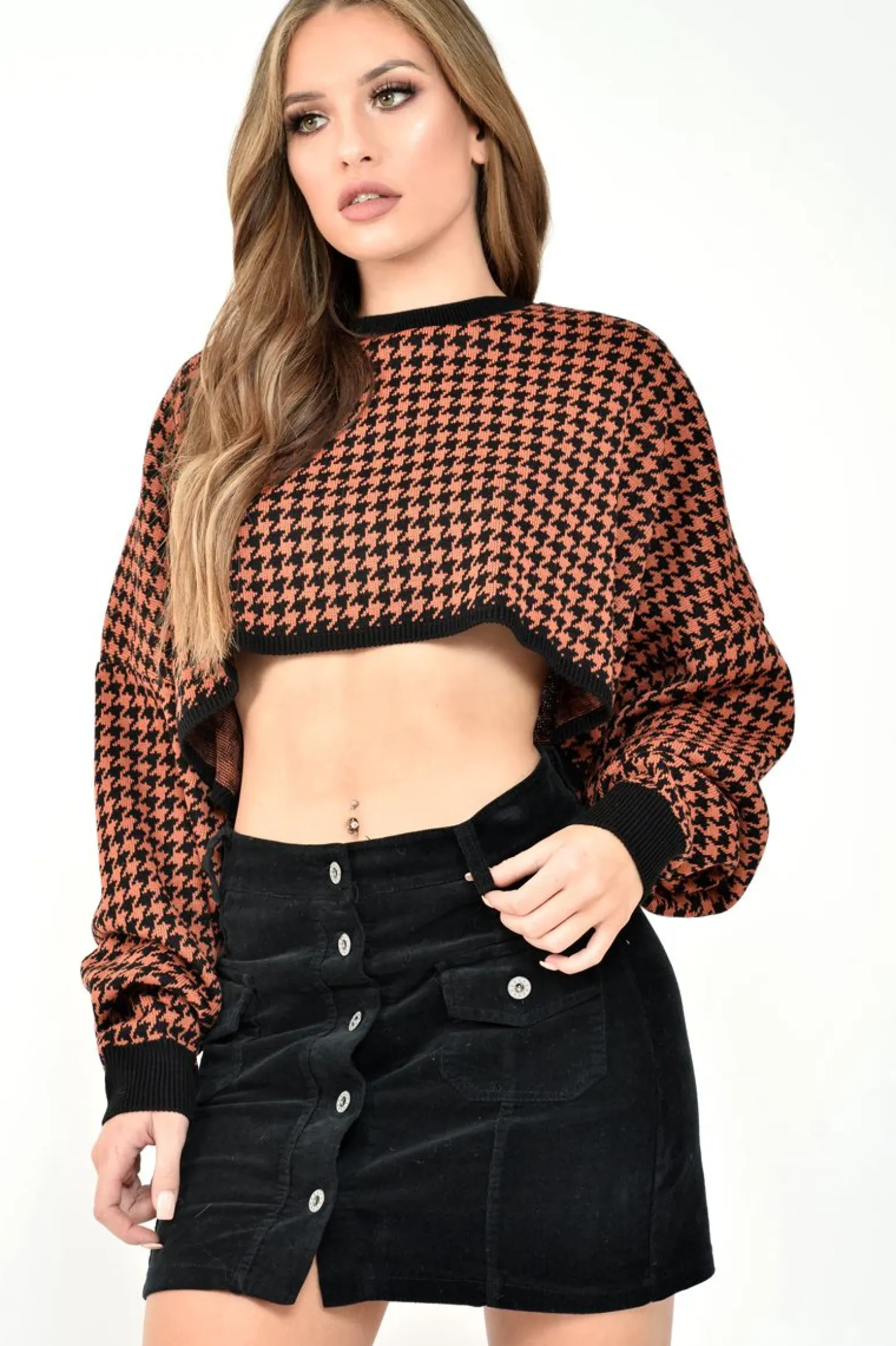 Rebellious Fashion Rust Hounds Tooth Cropped Batwing Jumper - Lizy