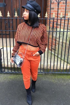 Rebellious Fashion Rust Hounds Tooth Cropped Batwing Jumper - Lizy