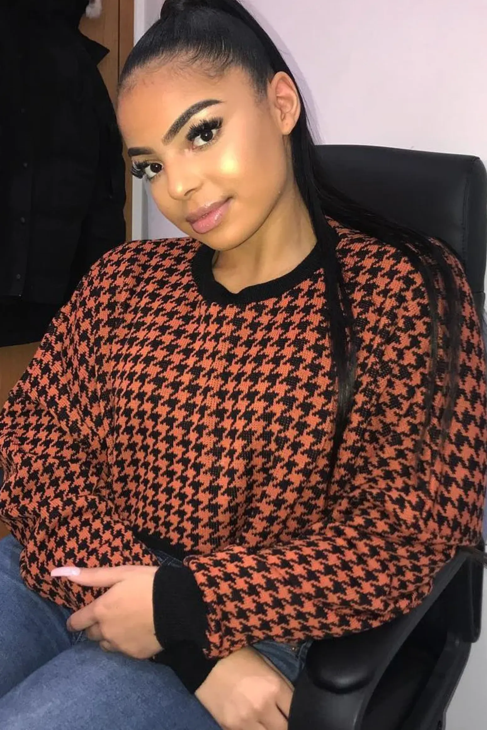 Rebellious Fashion Rust Hounds Tooth Cropped Batwing Jumper - Lizy