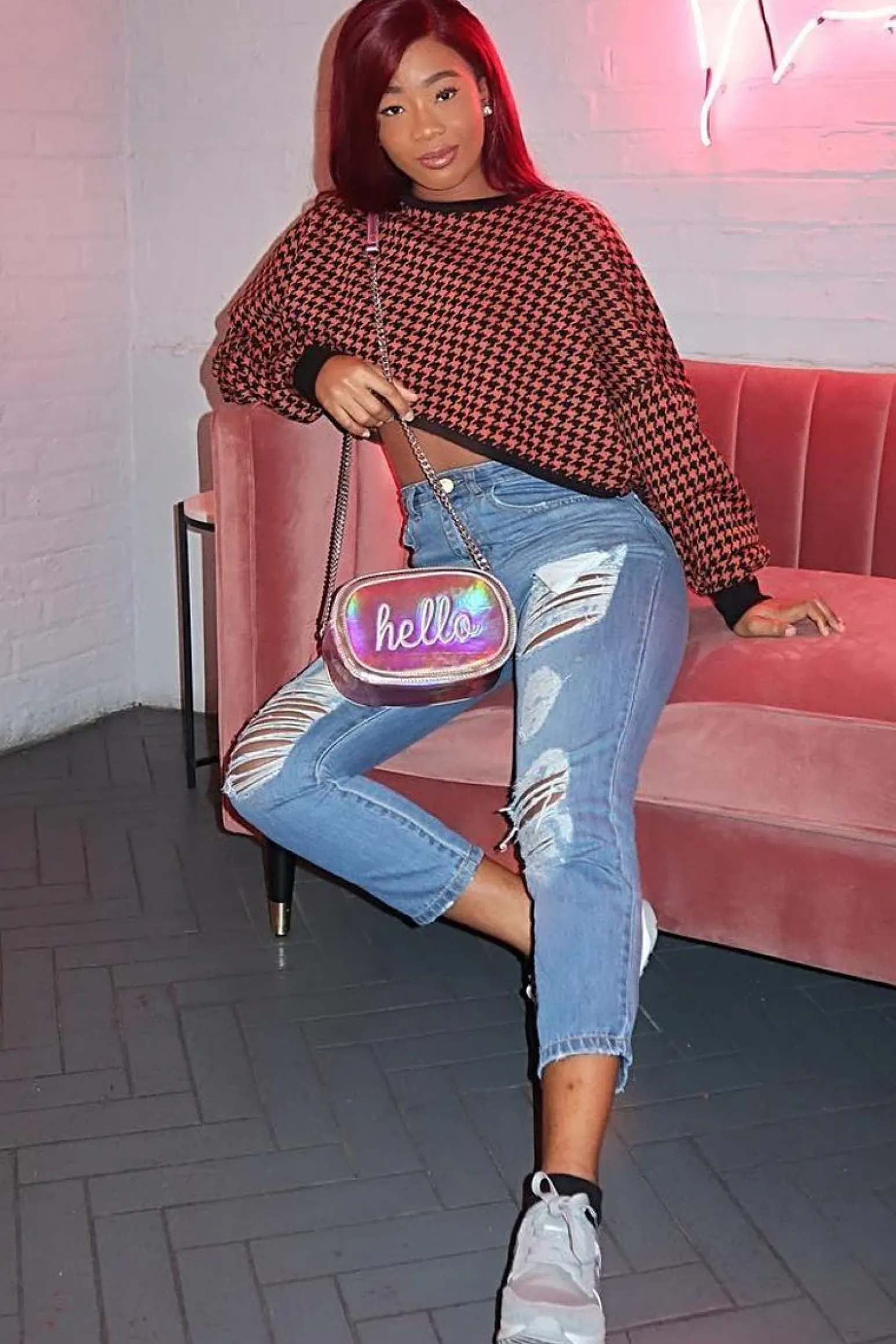 Rebellious Fashion Rust Hounds Tooth Cropped Batwing Jumper - Lizy