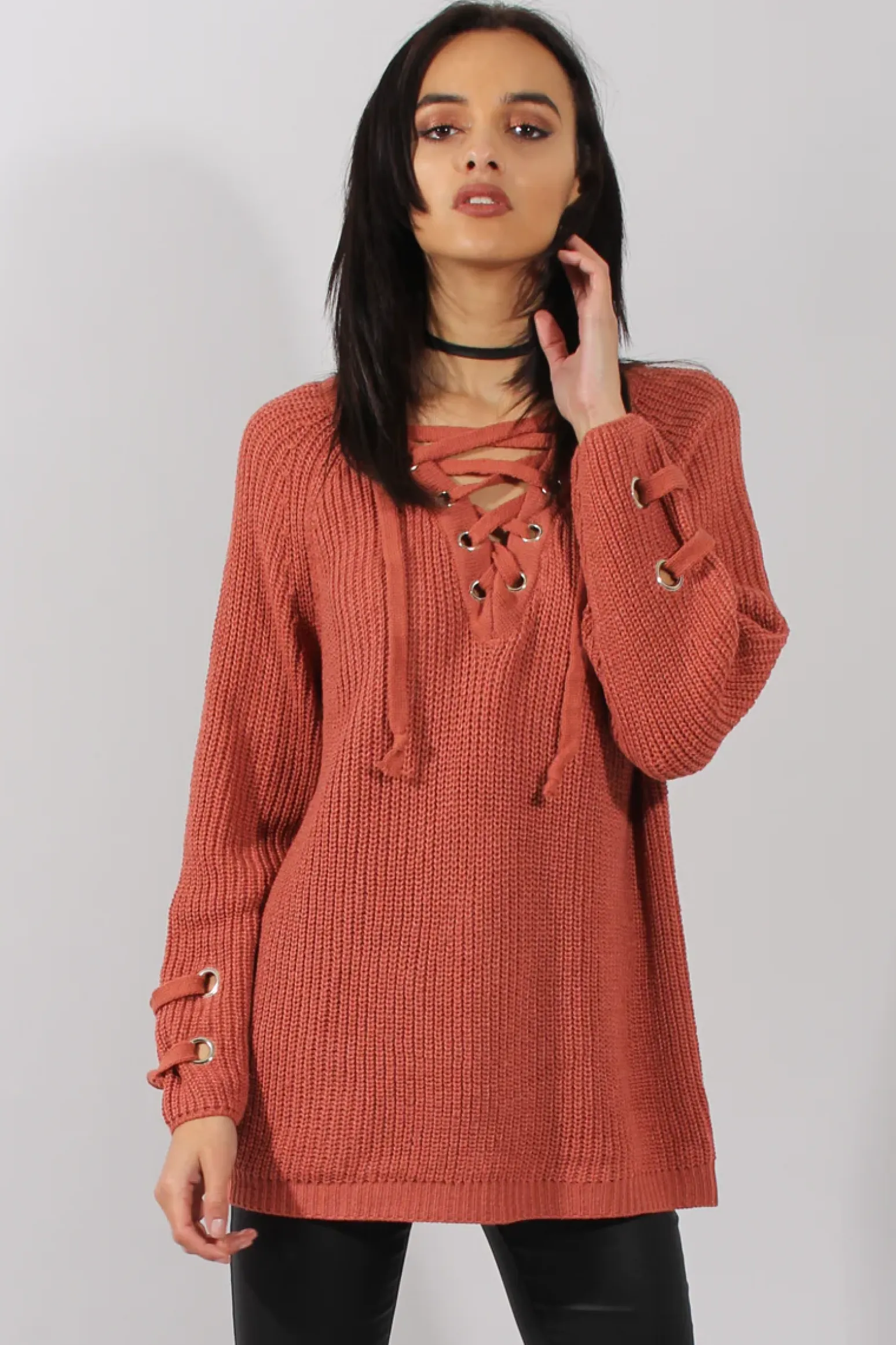 Rebellious Fashion Rust Knit Lace Up Long Line Jumper - Cassie