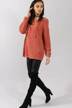 Rebellious Fashion Rust Knit Lace Up Long Line Jumper - Cassie