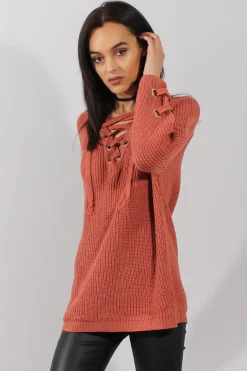Rebellious Fashion Rust Knit Lace Up Long Line Jumper - Cassie